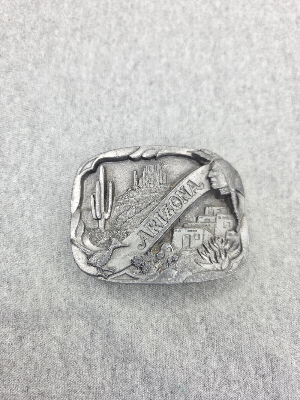 Vintage Arizona Belt Buckle Pewter Buckles of America Masterpiece Desert